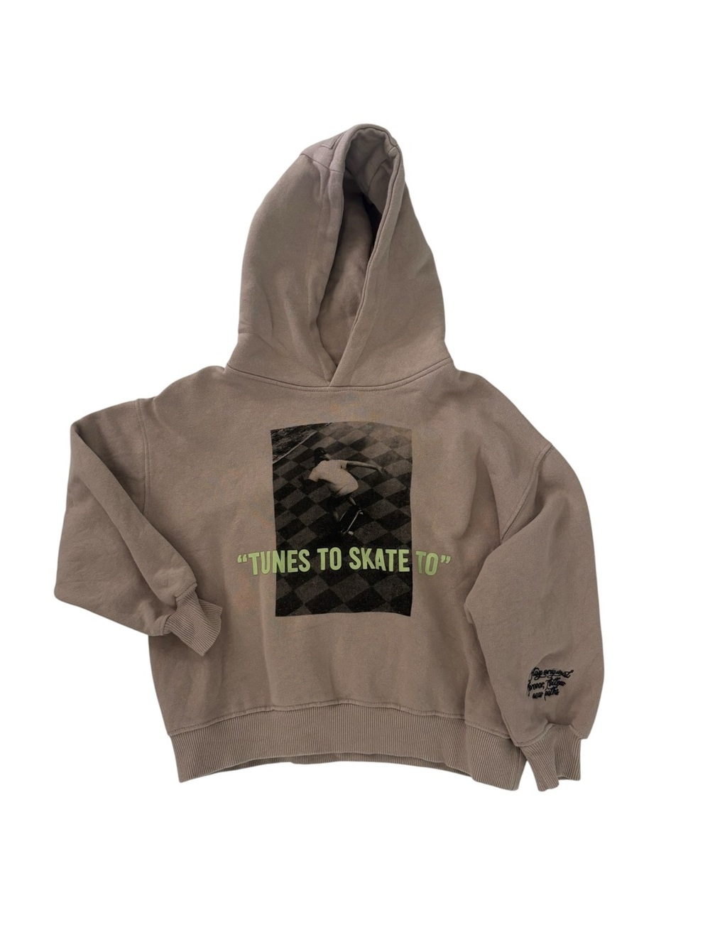 Zara Taupe Boy's Hoodie with Neon Green Skate Graphic Size 8